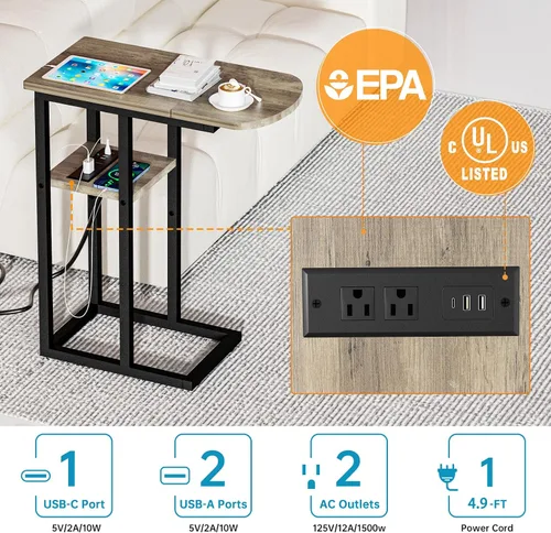 Vista 4 de eiskah - Mesa de extremo C con estación de carga, mesa lateral en forma de C para sofá, mesa para sala de estar, dormitorio, mesa para laptop