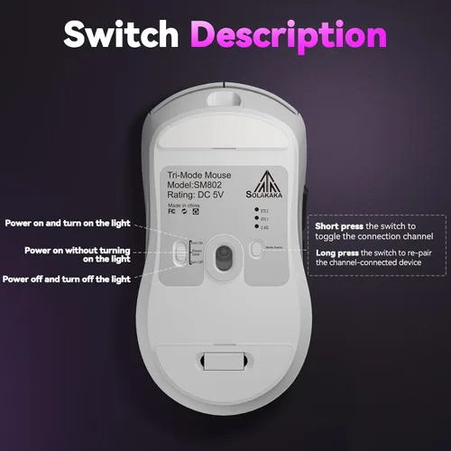 Vista 7 de SOLAKAKA SM802 - Ratón inalámbrico para juegos, 24,000 DPI máximo, trimodo 2.4 GHz/BT/mouse recargable USB con RGB, botones macro programables