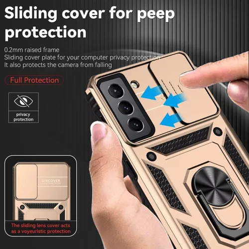 Vista 2 de Funda para Galaxy S21 5G, Samsung S21 SM-G991U con protector de pantalla de vidrio templado y cubierta de cámara deslizante, anillo magnético