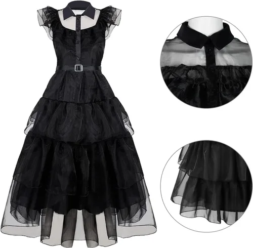 Vista 3 de Disfraz de Miércoles Familiar para mujer, estilo gótico, vintage, negro, vestido de baile de cuervo negro, falda de encaje de tul, traje de fiesta