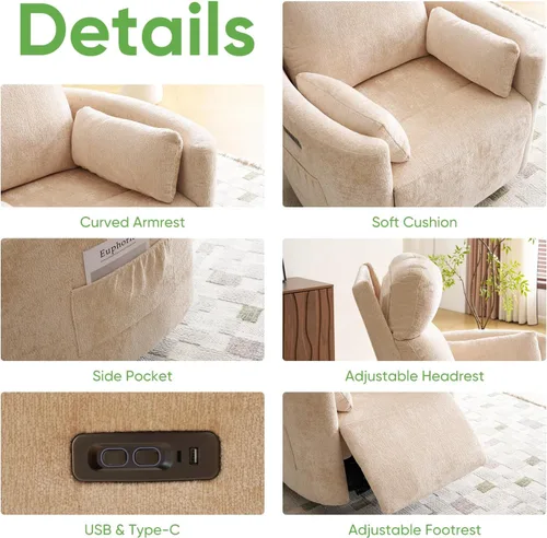 Vista 5 de Sillón reclinable eléctrico de gran tamaño con masaje y calor, sillón reclinable giratorio con reposacabezas ajustable, silla reclinable planeadora