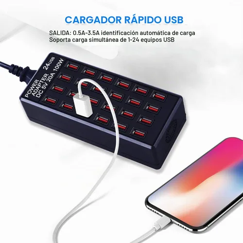 Vista 5 de Estación de carga USB de 24 puertos de 100 vatios (20 A), cargador rápido de escritorio para el hogar, múltiples cargadores, adecuado para hoteles