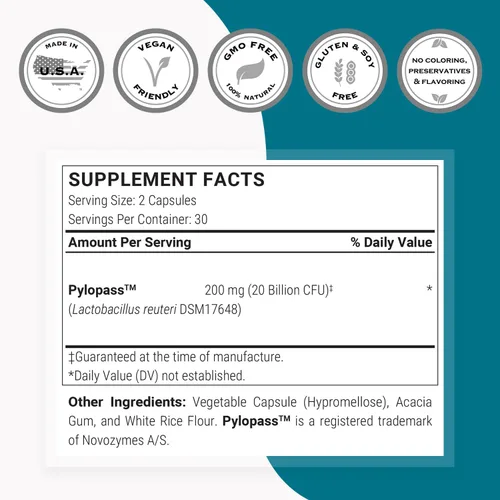 Vista 4 de Supersmart H. Pylori Fórmula 20 mil millones de UFC por día (alta potencia) - Probiota patentado Pylopass Lactobacillus Reuteri DSM 17648 Sin OMG