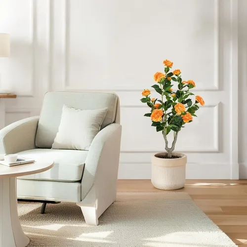Vista 3 de Árbol de camelia artificial de 36 pulgadas con flores falsas Naranja