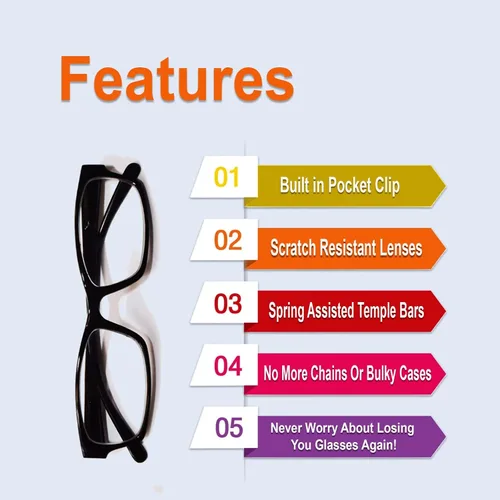 Vista 3 de Reading Glasses with Built in Pocket Clip, Scratch Resistant Aspheric Lenses, Spring Temples for Men and Women