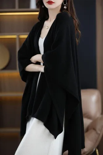 Vista 2 de Chal tipo poncho para mujer, cárdigan talla grande 100% lana merino, capa de otoño e invierno, suéter abierto