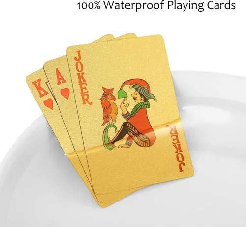 Vista 4 de EAY Cartas de póquer de lámina de diamante impermeables de lujo, cartas de plástico doradas con 1 oro y 1 plata