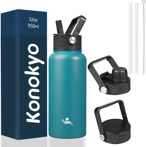 Vista 35 de Konokyo - Botella de agua aislada de 18 onzas, botellas deportivas de acero inoxidable con 3 tapas, verde militar