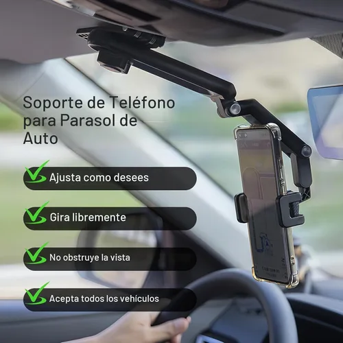 Vista 3 de Soporte de Teléfono para Parasol de Automóvil, Soporte Giratorio de Teléfono Celular con Visión Trasera de 360°, 1080 Multifunción Giratorio y Negro
