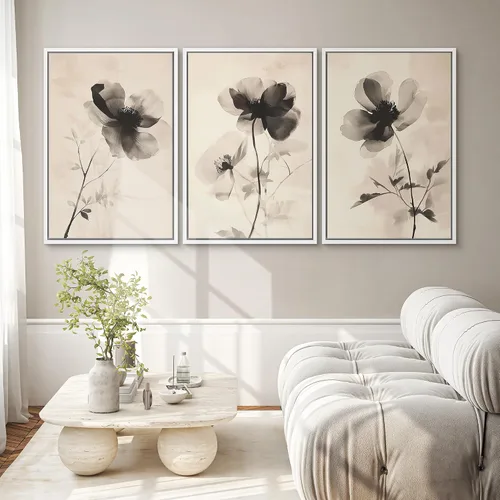 Vista 342 de SIGNWIN Lienzo enmarcado para pared, juego de arte de collage de hojas transparentes en blanco y negro, ilustraciones de naturaleza silvestre, arte