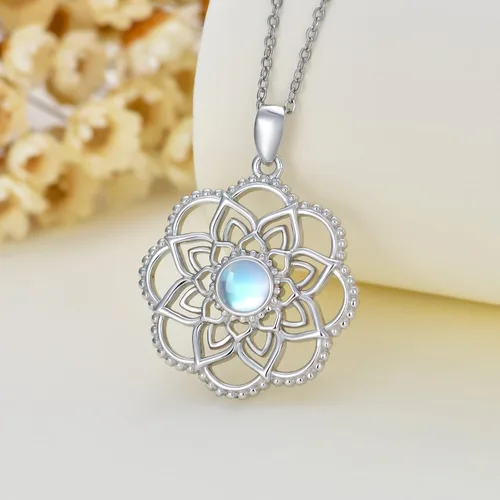 Vista 3 de YOSOPRETTY Lotus Necklace 925 Sterling Silver Lotus FlowerLotus Fish Crystal Pendant Necklace Moonstone Jewelry Gifts for Women Girls