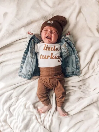Vista 2 de Muasaaluxi Traje de bebé de Acción de Gracias con diseño de pavo, camisa acanalada, pantalones deportivos, sombrero, ropa de otoño e invierno, 0-12