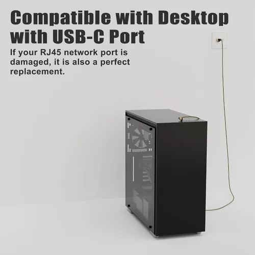 Vista 7 de Cable USB C a Ethernet de 1 pie, cable tipo C a RJ45 de 90 grados, cable de Internet de 1 Gbps, cable trenzado de nailon delgado, conectado
