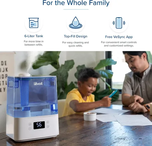 Vista 4 de LEVOIT Humidificadores, azul y humidificadores para dormitorio, habitación grande, 6L, niebla cálida y fría para plantas familiares con sensor