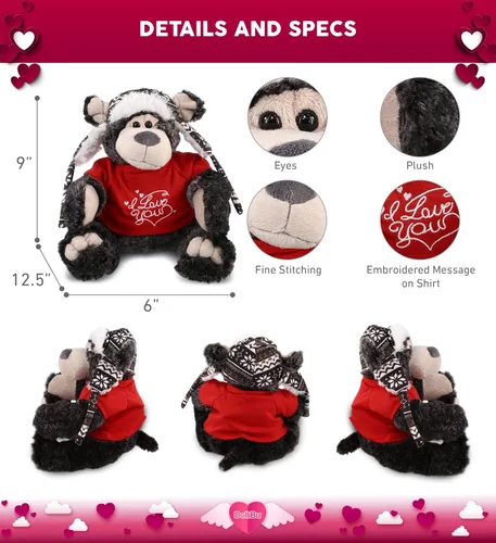 Vista 3 de DolliBu I Love You - Oso negro de peluche con ropa de San Valentín, lindo animal de peluche con camisa roja y nombre, regalo personalizado