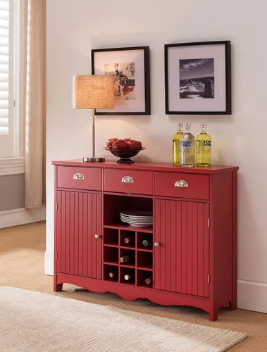 Vista 2 de Kings Brand Furniture Mesa consola buffet con almacenamiento de vino, acabado rojo