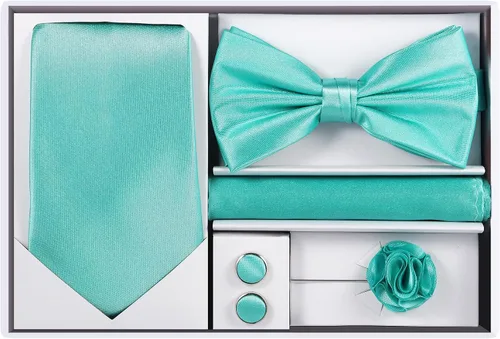 Vista 6 de TIE G 5pcs Tie Set in WHITE OR BLACK GIFT BOX: Solid Color Necktie, Satin Bow Tie, Pocket Square, Lapel, Cuff Links A-aqua