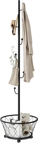 Vista 4 de Perchero con forma de cactus negro independiente, perchero de metal con cesta, 6 ganchos para colgar ropa, sombrero, bolsa para entrada, pasillo