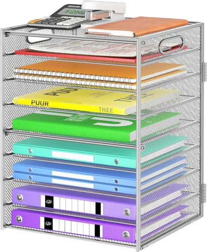 Vista 8 de Cawukege Organizador de papel de 9 niveles con asa, organizador de escritorio de gran capacidad, carpeta de archivos de malla, bandeja de papel