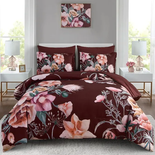 Vista 15 de Luxudecor Juego de edredón floral tamaño individual de 7 piezas, cama de flores aguamarina en una bolsa, elegante edredón floral degradado con juego