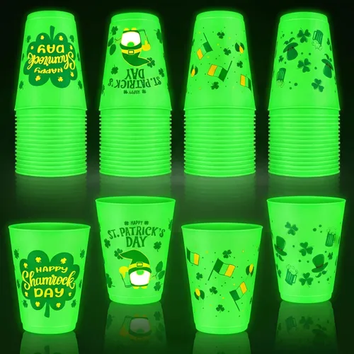 Vista 14 de 24 vasos de béisbol que brillan en la oscuridad, vasos de plástico esmerilados de 16 onzas, vaso verde reutilizable con patrones de estrellas