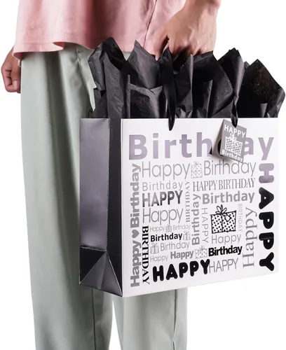 Vista 7 de JWSCYSY 1 bolsa de regalo grande blanca y negra con papel de seda, bolsa de regalo de feliz cumpleaños para hombres y mujeres, 12.6 x 10.25 x 4.7