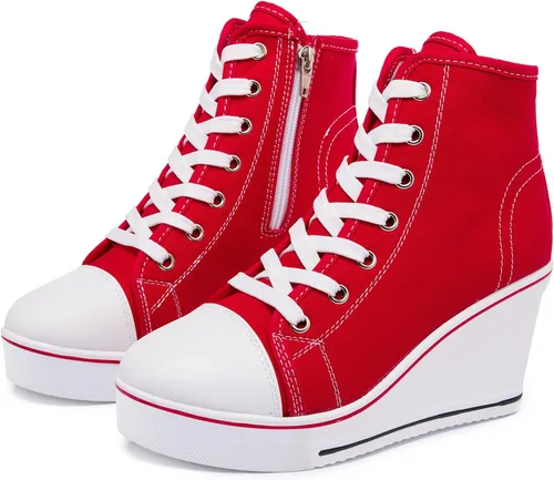 Vista 2 de Zapatos deportivos de cuña para mujer, plataforma de tacón alto, zapatos de lona con cordones y cremallera, zapatos de tenis de plataforma