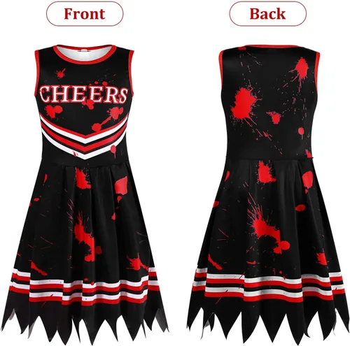 Vista 2 de Cheerleader Costume Girls Cheerleading Uniform Halloween Cosplay Scary Outfit Bloody Dress Accessories for Party