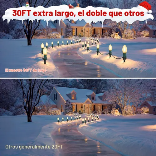 Vista 7 de USOKYO 20 bombillas LED C9 de 30 pies, luces LED de Navidad para exteriores, bombillas LED blancas cálidas, impermeables, conectables, luces