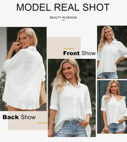 Vista 5 de Astylish Camisas de gran tamaño con botones para mujer, manga 34, cuello en V, texturizadas