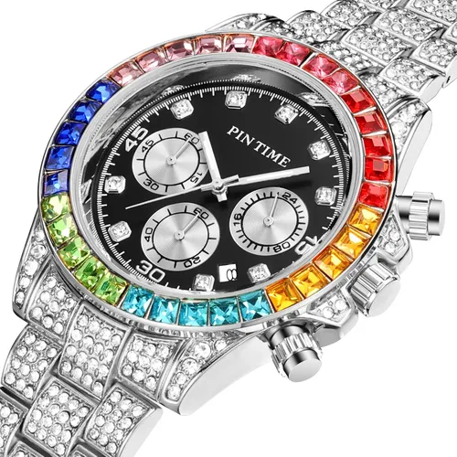 Vista 2 de Gosasa Reloj de pulsera para hombre y mujer, diseño de diamantes y esfera colorida, estilo hip hop, piedras de cristal de acero inoxidable