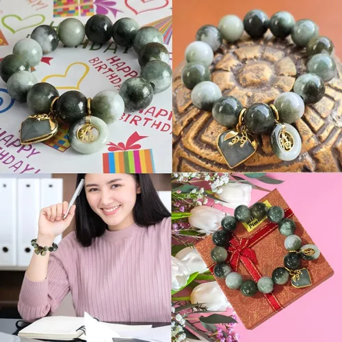 Vista 4 de Pulsera de jade tailandés de 0.55 pulgadas – Cuentas redondas a rayas verdes naturales Pulsera elástica de energía curativa con dije de corazón