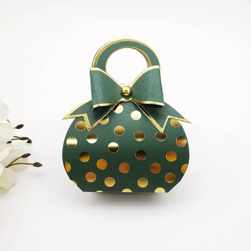 Vista 2 de 50 piezas de bolsas con lazo decorativo verde y dorado con lunares de papel metalizado dorado, cajas de regalos de boda para dulces con lazo y asa