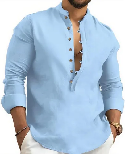 Vista 13 de Kubsid Mens Henley Shirts Casual T Shirt Long Sleeve Banded Collar Button Down Vintage Beach Tops