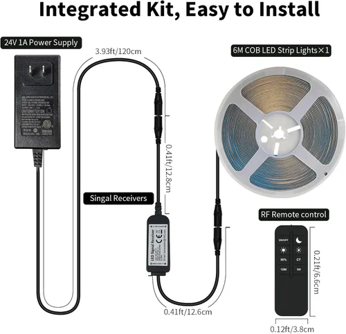 Vista 6 de Tira de luz LED COB 3000K 20 pies/6M blanco cálido regulable de alto lumen con control remoto RF adaptador certificado UL 24V adhesivo adecuado