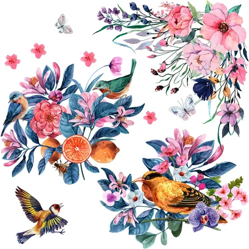 Vista 7 de 3 calcomanías autoadhesivas de pared para asiento de inodoro, diseño floral rosa y morado, diseño de pájaros y flores, para bricolaje, ramo