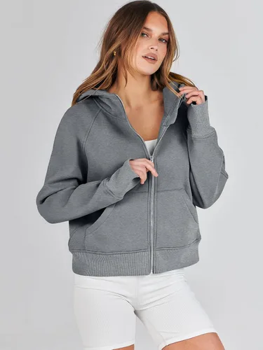 Vista 2 de ANRABESS Sudaderas con capucha recortadas con cremallera para mujer, sudaderas de forro polar con cremallera, suéteres con capucha, suéteres 2024
