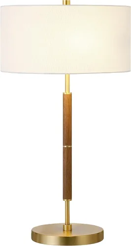 Vista 4 de Henn&Hart Lámpara de mesa moderna de 2 tonos de 25 pulgadas con pantalla de tambor de tela blanca para sala de estar, dormitorio u oficina, roble