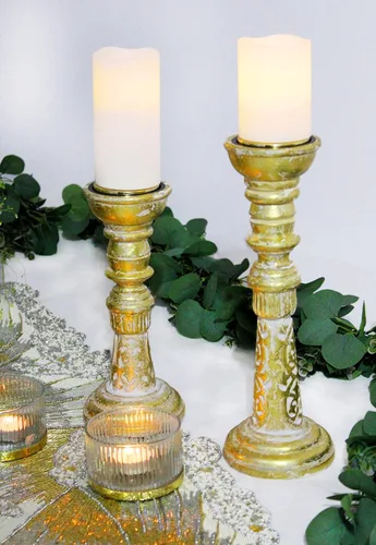 Vista 5 de Portavelas de madera maciza – Juego de 3 candelabros tallados a mano – Centro de mesa bohemio rústico para otoño, Acción de Gracias, Navidad, día