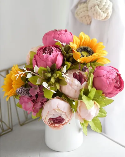 Vista 7 de FiveSeasonStuff ''Country Cottage'' - Ramo de flores artificiales de peonías y girasoles rosa seda