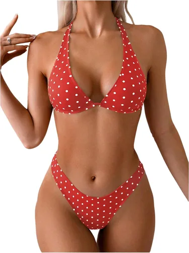 Vista 5 de WDIRARA Conjunto de bikini de lunares para mujer, traje de baño de triángulo halter de 2 piezas