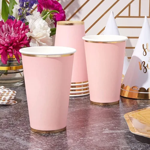 Vista 3 de Juvale Vasos de fiesta rosados, 12 onzas, paquete de 50, rosa claro y dorado, vasos de papel desechables para bebidas calientes y frías, para novia