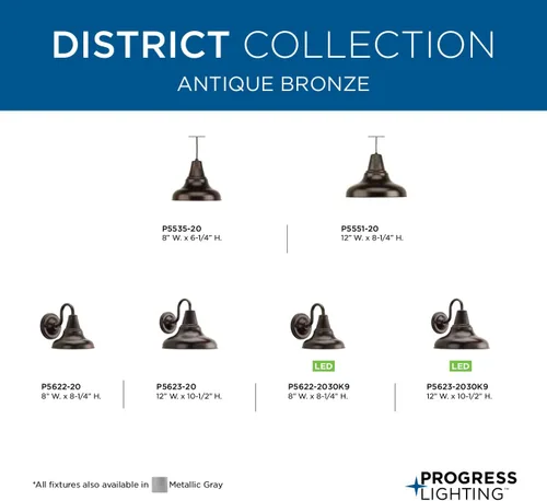 Vista 9 de Progress Lighting District LED Collection - Farol de pared mediana para exteriores, bronce envejecido, pantalla de metal blanco pintado, 1 luz