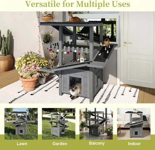 Vista 6 de 4 Tiers Outdoor Cat House Weatherproof Cat Tree Tower with Waterproof Roof and 2 Doors, Feral Cat Shelter Outside Enclosure, Multi-Level Play Zones