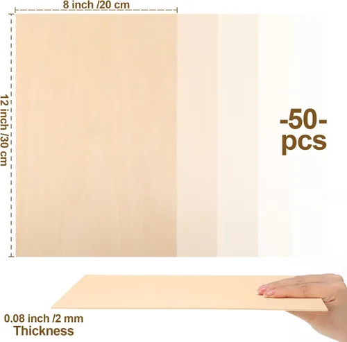 Vista 2 de 50 hojas de madera de tilo de 8 x 12 pulgadas, 0.079 in de grosor, hojas de madera fina rectangular sin terminar con superficies lisas