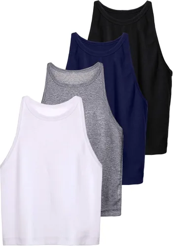 Vista 7 de 4 piezas de camisetas cortas básicas sin mangas para mujer, con espalda cruzada, de algodón, para uso diario