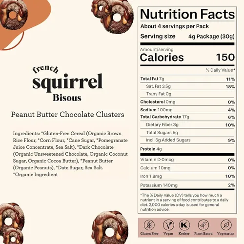 Vista 2 de French Squirrel Racimos de granola vegana, bocados de cereales de mantequilla de maní de chocolate sin gluten y bajos en azúcar, aperitivo crujiente