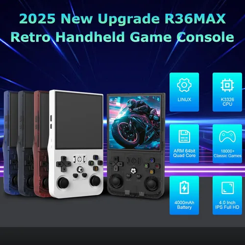 Vista 2 de R36MAX - Consola de juegos portátil, batería incorporada de 4000 mAh, pantalla de cristal IPS 4K HD de 4 pulgadas, soporta más de 18000 juegos Azul