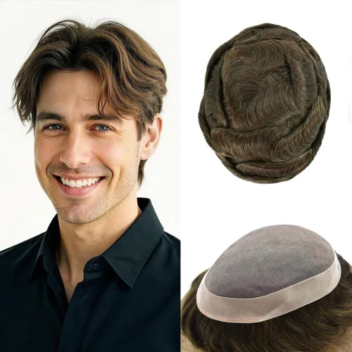 Vista 49 de Fine Mono Men Hair System Mens Toupee Real Human Hair Pieces For Men's Toupee Hair System For Men Hair Piece Natural Hairline 6X8 densidad de luz