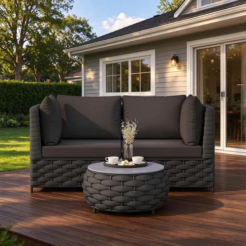 Vista 14 de TWT Sofá individual modular para exteriores con cojín grueso, gris oscuro Cuerda Textilene Gris Oscuro W/Cojín Gris Oscuro